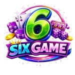 Six Game logo featuring a colorful 3D number 6 with casino-themed elements, including poker chips, dice, playing cards, and slot symbols on a glowing purple background.