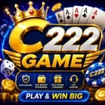 C222 Game promotional logo with blue and gold casino theme, playing cards, dice, poker chips, and coins for Android users in Pakistan.
